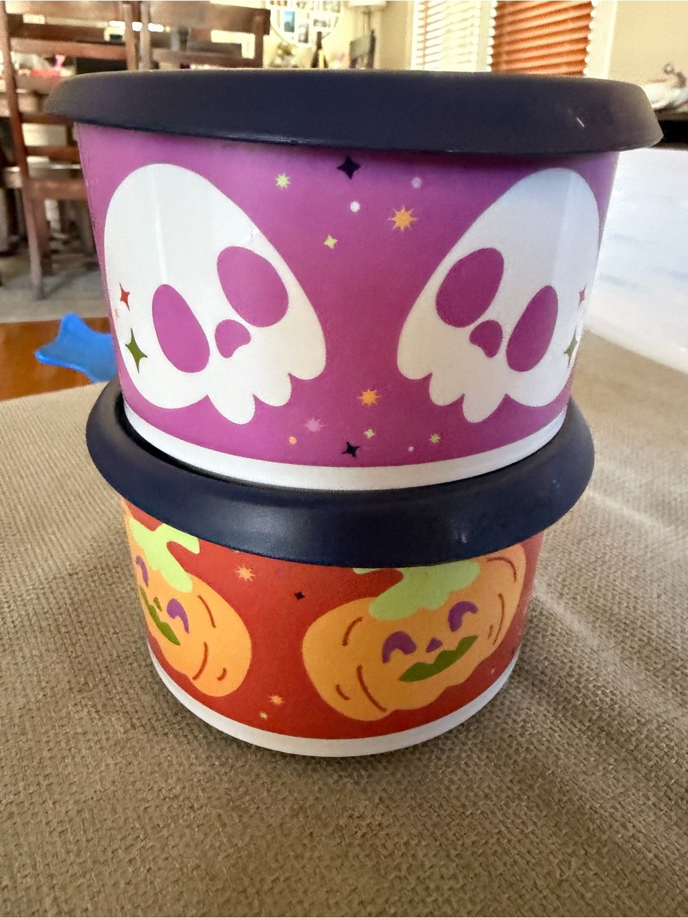 Halloween Skull & Pumpkin Tupperware One Touch Canisters - Purple & Orange